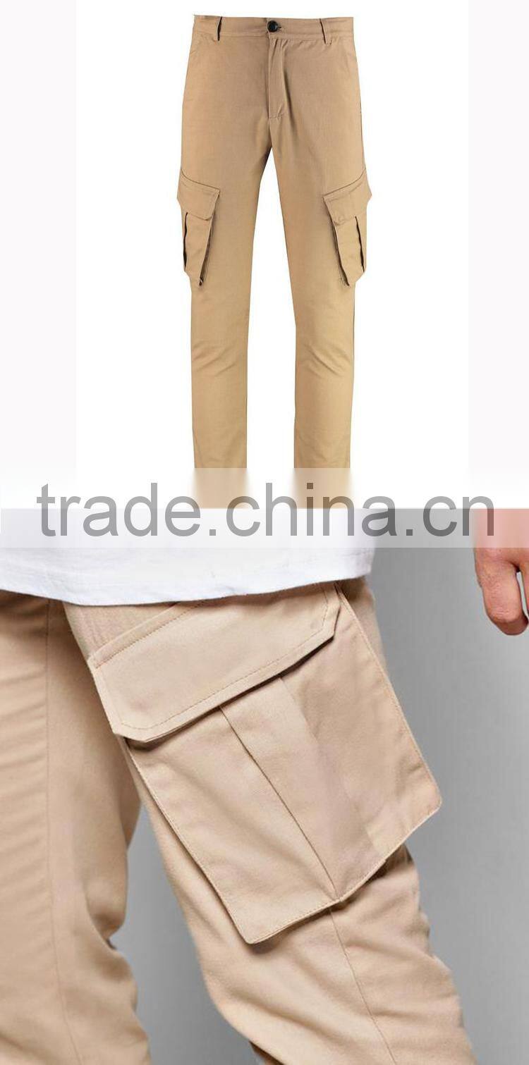 Popular khaki cargo trousers men skinny straight leg pants with raw edges hem