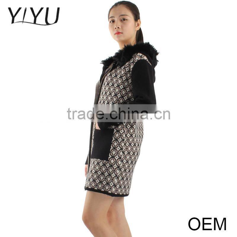 European fashion winter jacquard fur collar zipper women cardigan sweater