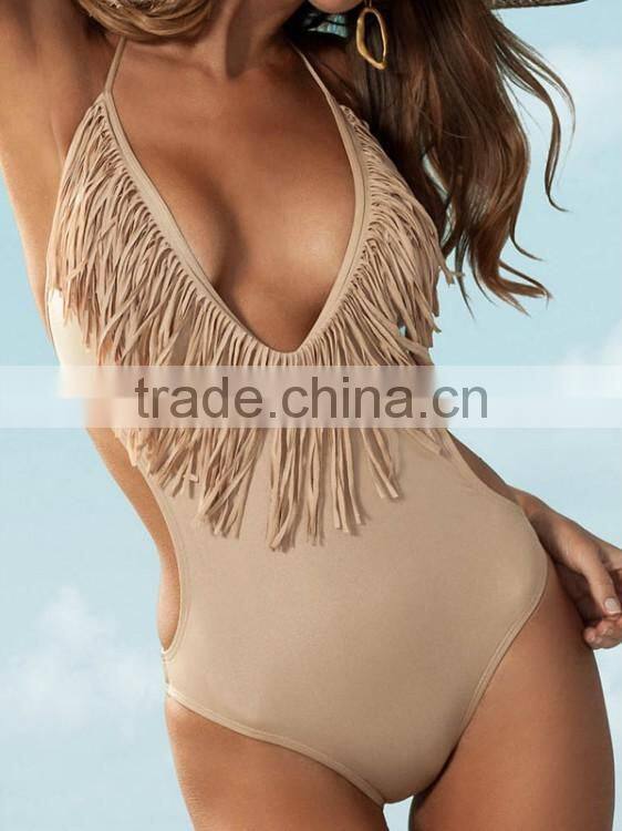 Sexy tassel solid color piece swimsuit plain V-neck tassel bikini swimsuit