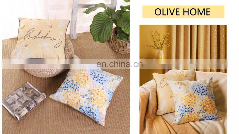 Home Decorative Digital print and Embroidery Warm Light Yellow Happy Slogan Cushions Covers Pillow Cases with Pom Pom