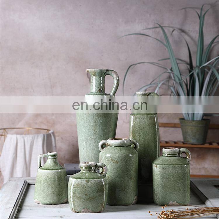 New goods customize cheap green ceramic cheap vintage flower vase with handle