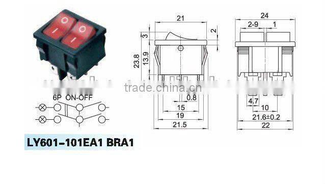 Double pole ON-ON square rocker switch with six pins