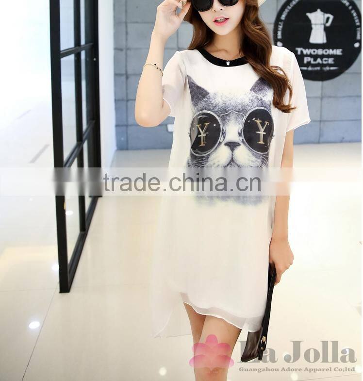 2016 Summer Fashion Ladies Printed Chiffon False two-piece Sexy short sleeves T-shirt 142