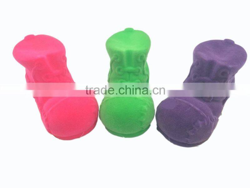 cheap shoe shaped flocking vinyl pet dog squeaky chew toy