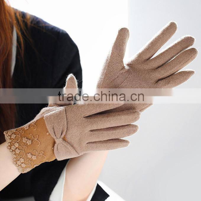 girls fashion sweet warm woolen gloves fashion wool lace gloves with bow