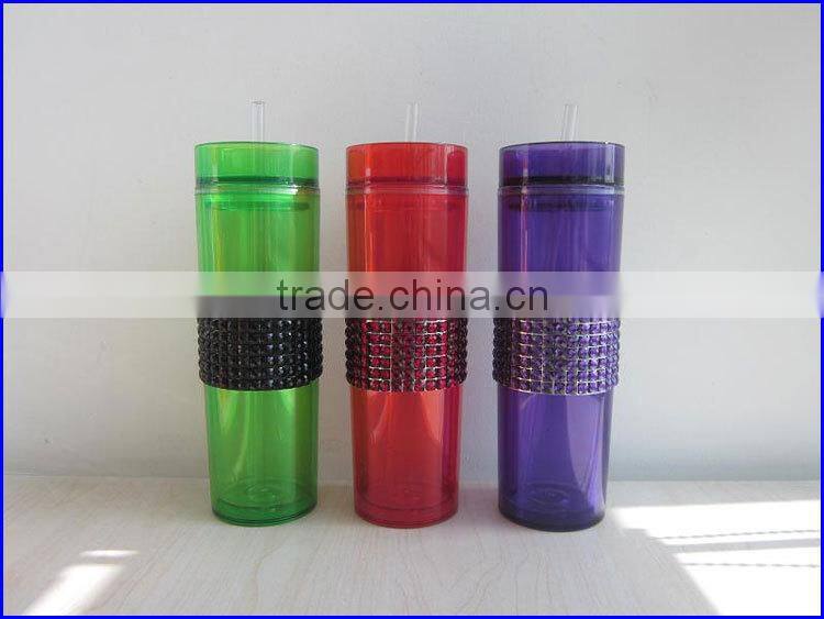 BPA free Acrylic double wall 16 oz tumblers with straw and LED light FDA standard PVC or rhinestone decoration mugs