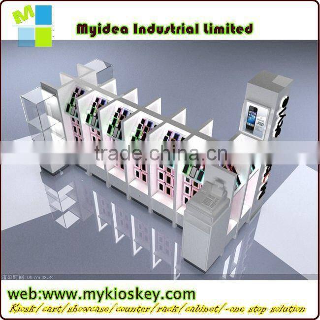 New design hot sale tempered glass wood cell phone kiosk for cell phone shop cellphone store display fixture