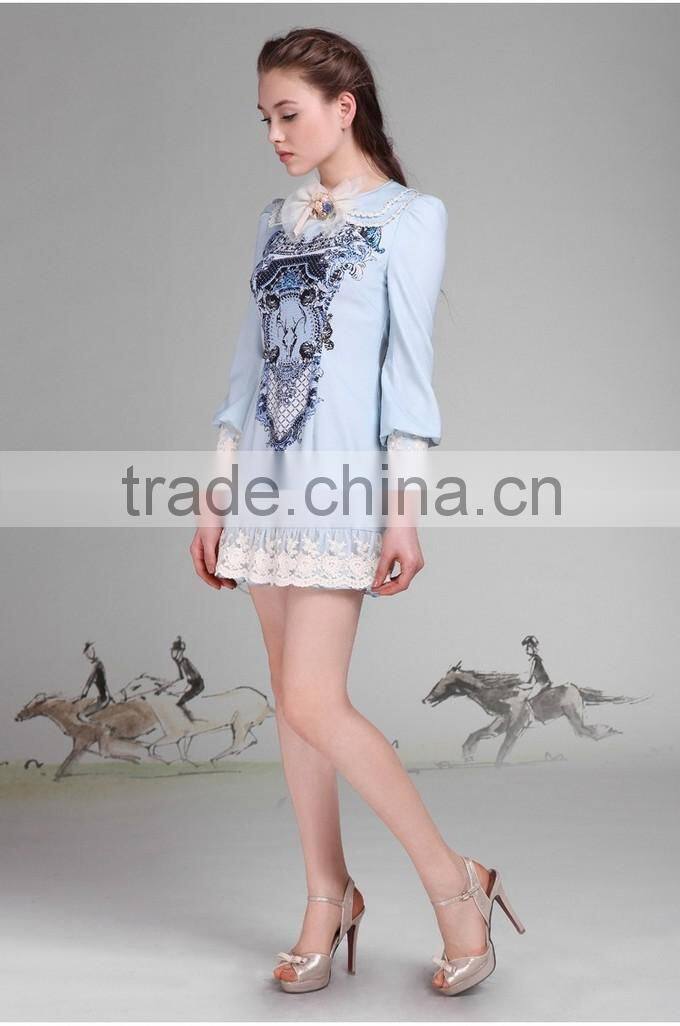 2015 Fashionable Long Sleeve Pencil Printed Young Girl Dress