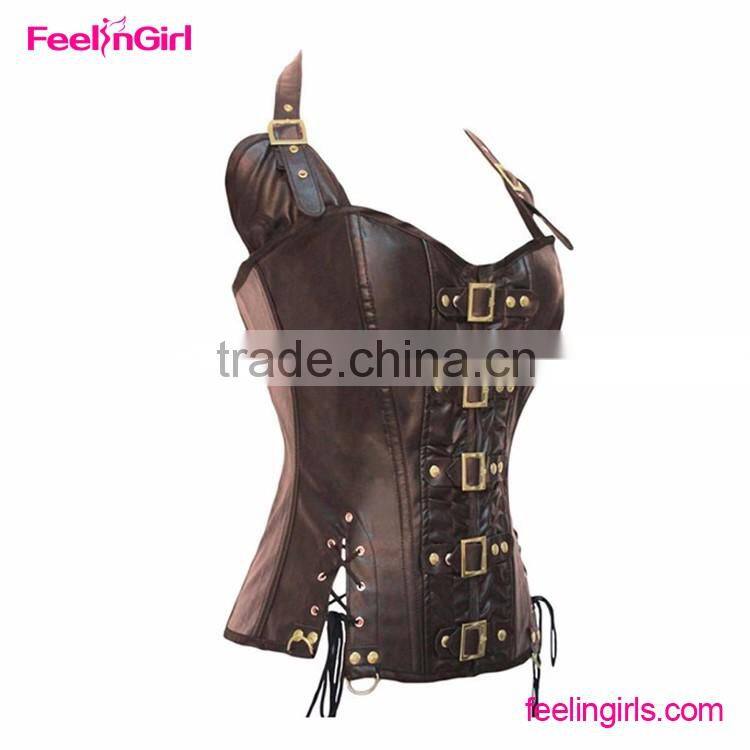 Women Cheap Straps Steampunk Brown Leather Corset