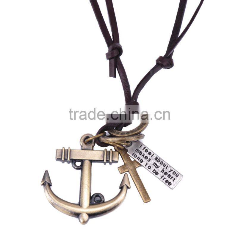 Genuine Leather Necklace with Antique Brass Anchor Pendant.