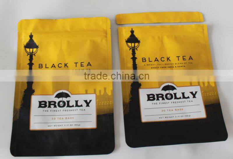 Custom printed matte suiface handling stand up aluminum foil tea bag with zipper