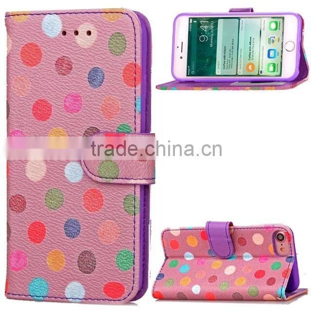 stylish leather cover for iphone 7 plus, book stylish polka dots case for iphone 7 wallet bag with stand
