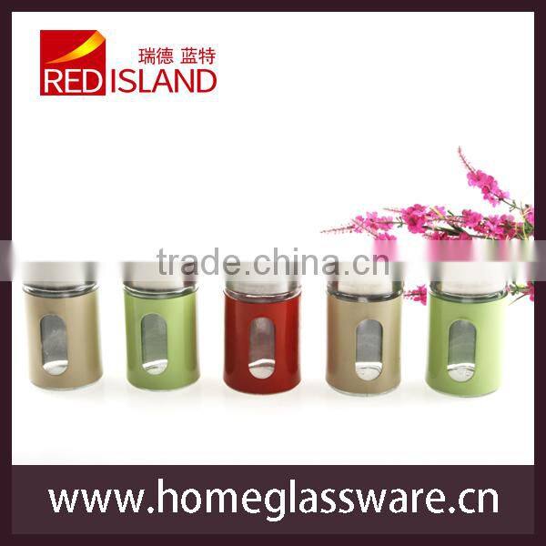 round glass spice shaker with metal coating, glass jar