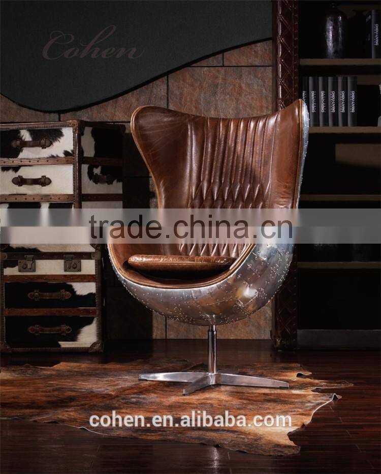 Luxury white top grain leather leisure chair/egg chair with aluminium coating back swivel bar chair