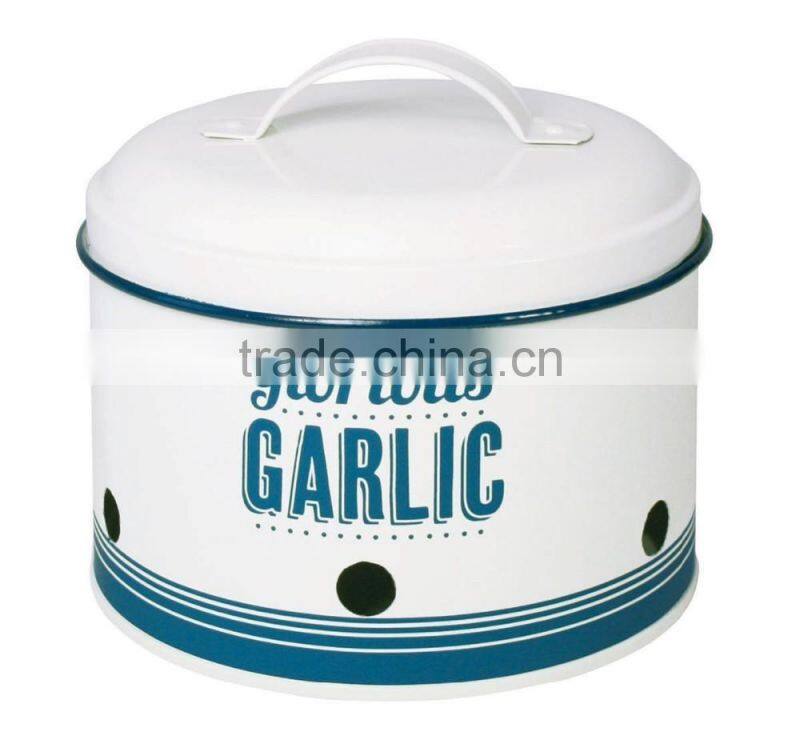 Vintage Style Cream Enamel Garlic Storage Tin