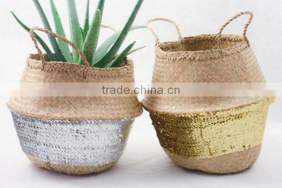 Silver sequin belly basket, seagrass dipped bottom basket, folding basket