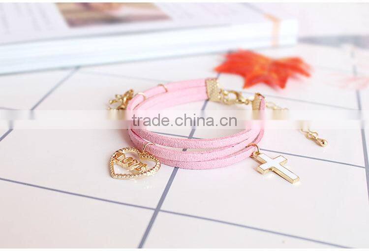 gold love heart cross horse feather charms sude leather bracelet multi layer velvet leather bracelet