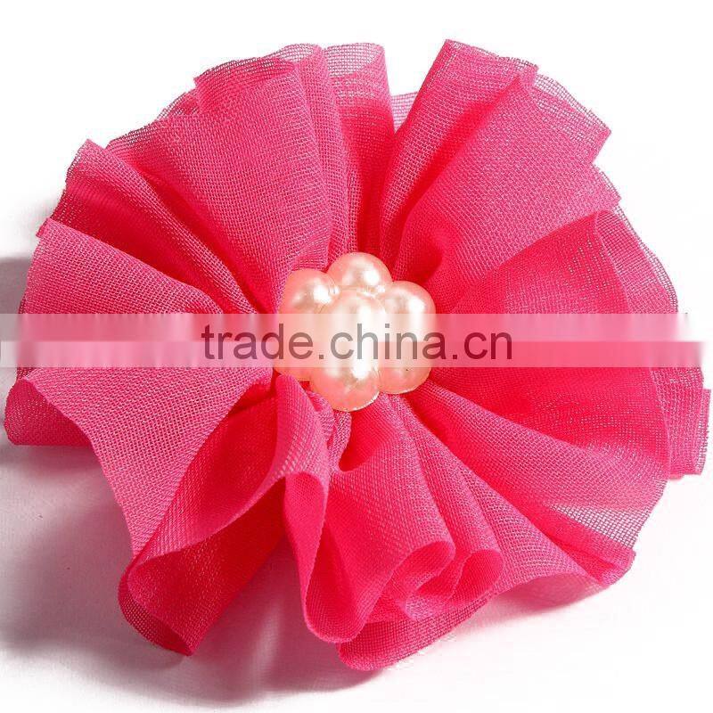 fabric chiffon flower with pearl beads center for kids hair accessories