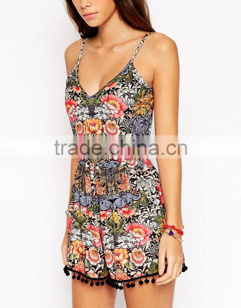 2015 China factory OEM ODM fashionable customized Cami Romper in Scarf Print with Pom Hem