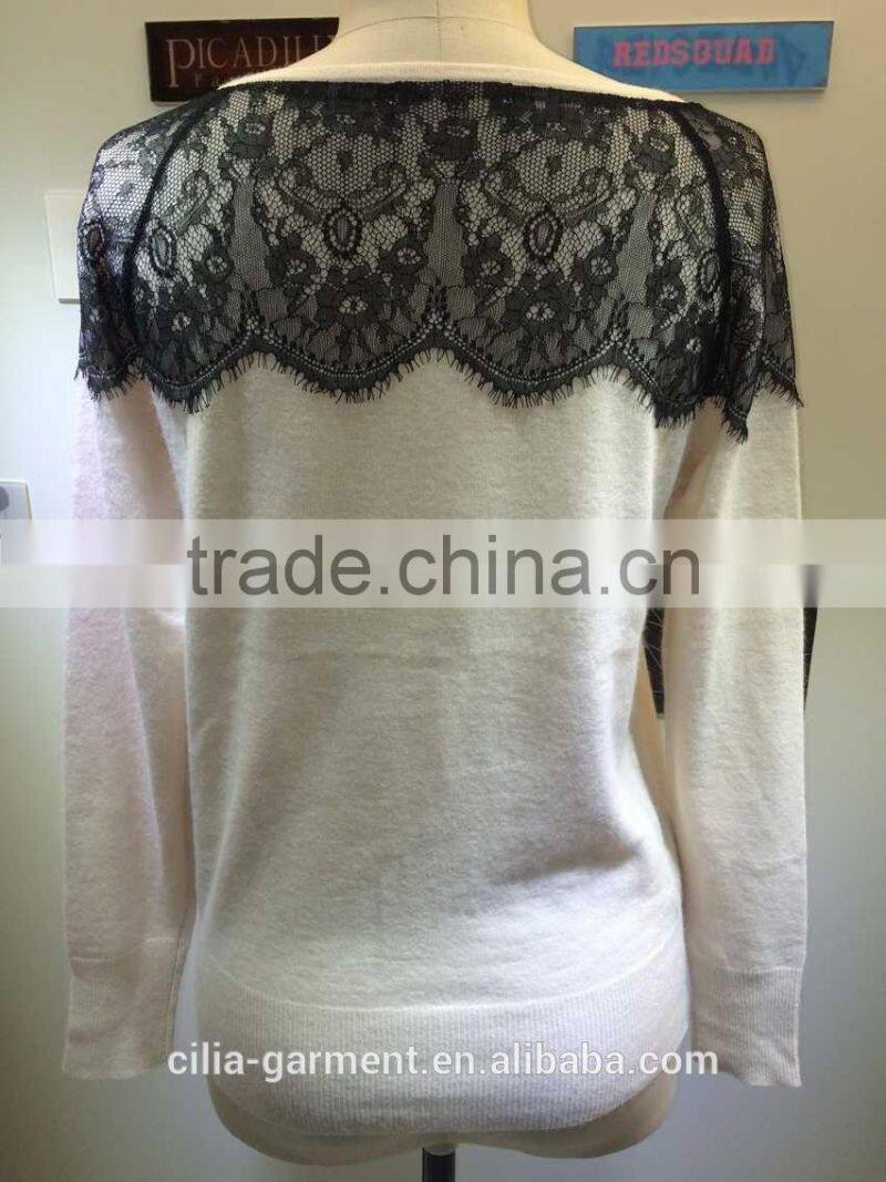 2015 new fashion young lady sweater with lace
