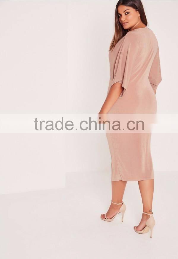 Plus Size Midi Dress Pink Long Sleeve Knot Sexy Elegance Dress Custom Split Hem Dress