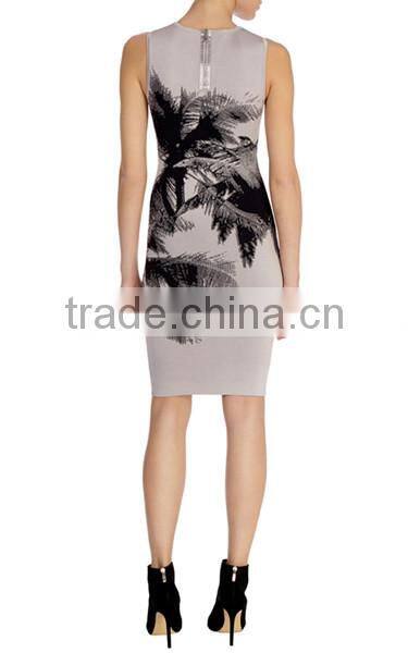 Direct sale classic palm tree pattern print bandage knit dress