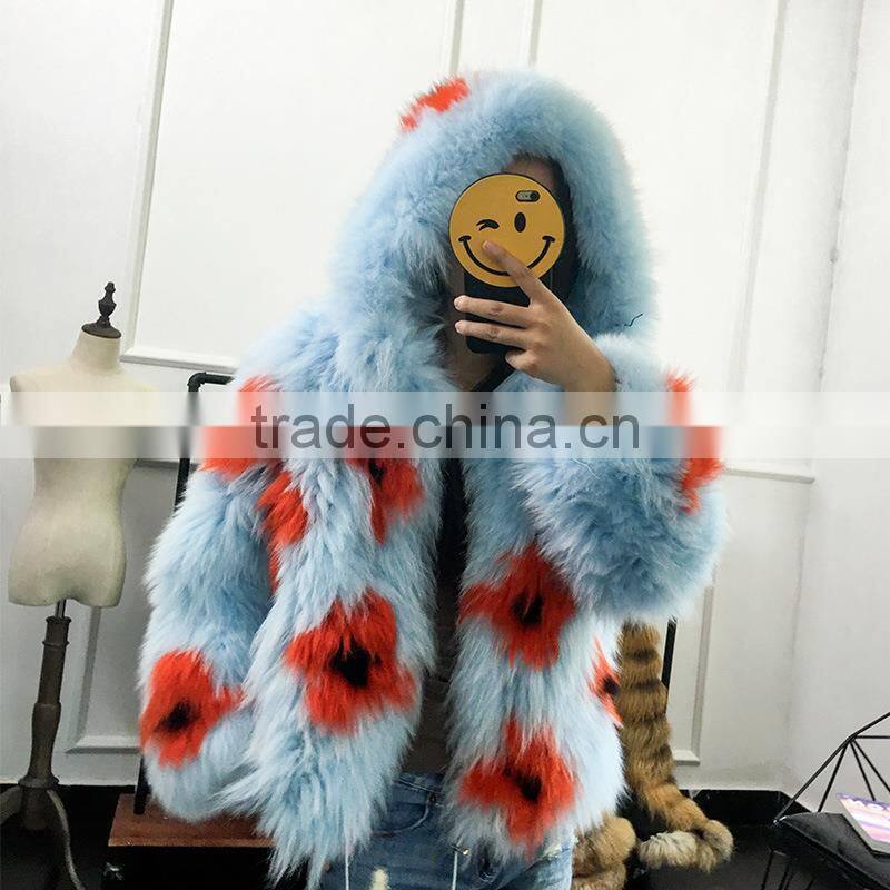 Brand design fox fur knited woman real colorful fox jacket long sleeves with hoood