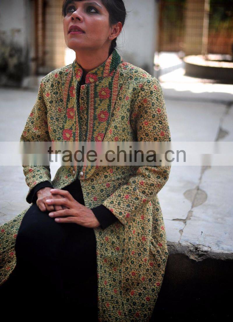 Vintage Kantha Long Accent Jacket in Beautiful Green, Pink & Cream Floral Print ~ Large
