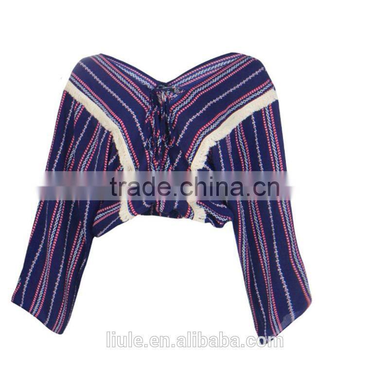 New fashion tassel trim lace up printed blouse women latest blouse