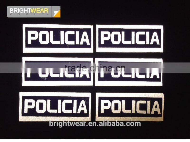 Relfective Policia with blue printing reflective letter be heated on vest for Spain market