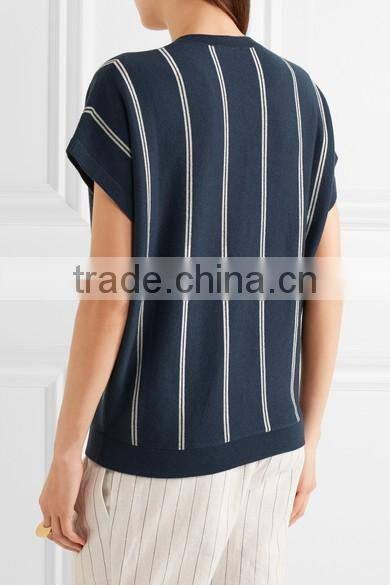 Hot Sale Navy and White Sleeveless Striped Knitted V-Neck Sweater for Women