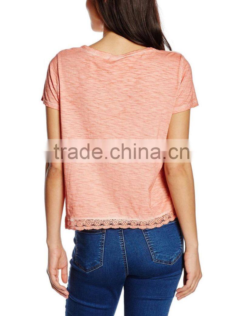 2016 Ladies thin O-neck blank t shirt with lace hem