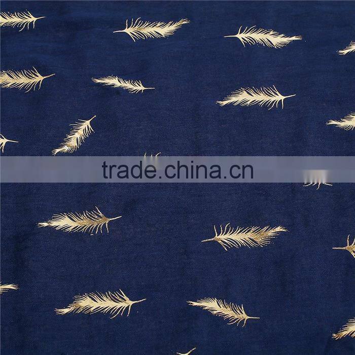 Cotton Polyester Blend Scarves & Wraps Rectangle Golden Navy Blue Feather Scarf For Women