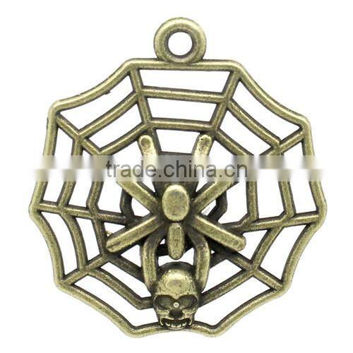 Halloween Charm Pendants Spider Web Antique Bronze W/Skull&Spider 29x27mm