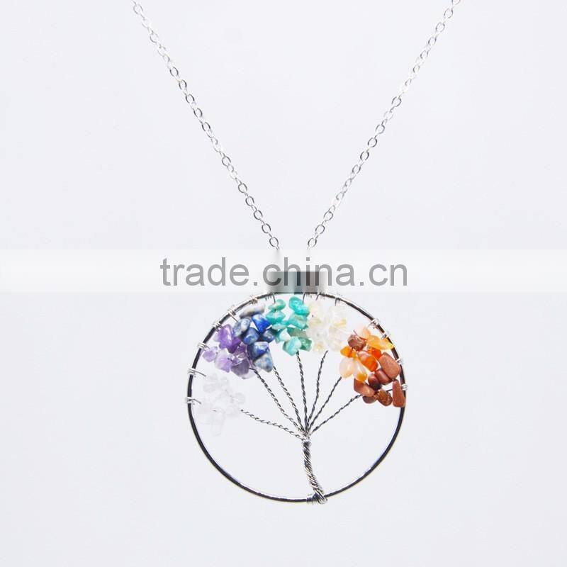Natural Amethyst Reiki Chakra Tree of Life Crystal Wire Wrapped Pendant Necklace