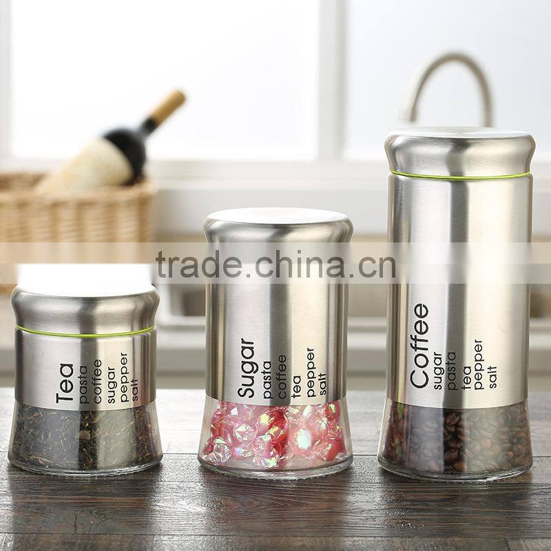 High quality stainless steel spice sugar salt pepper coffee storage bottle glass food storage jar