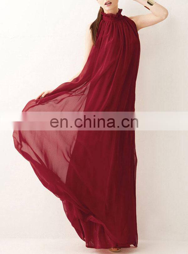 CHEFON High neck chiffon red evening dresses long