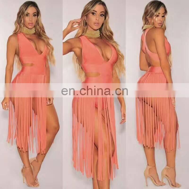 Womens Sexy V Neck Backless Tassels Sexy Night Club Dresses