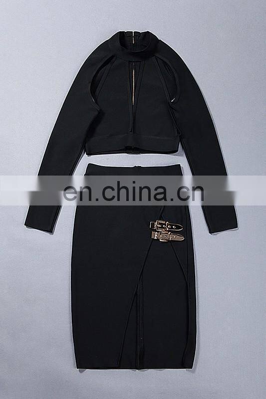 Amigo 2017 christmas party bandage dress 2pcs dresses with white long sleeve hollow out crop top and midi high vent skirt