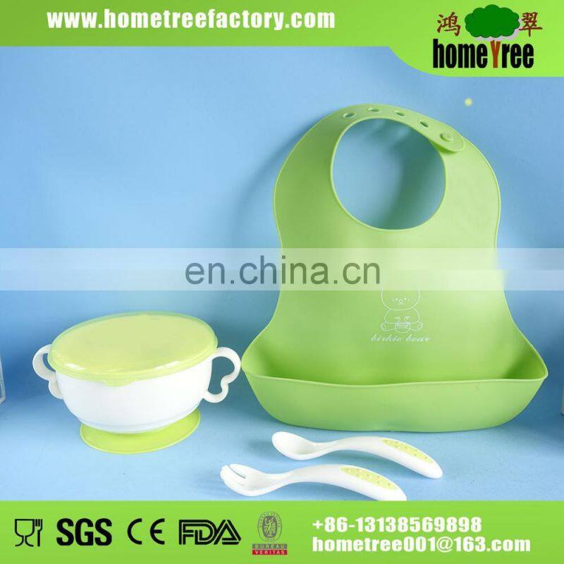 3pcs silicone cutlery dinner baby feeding set with bib and suction bowl
