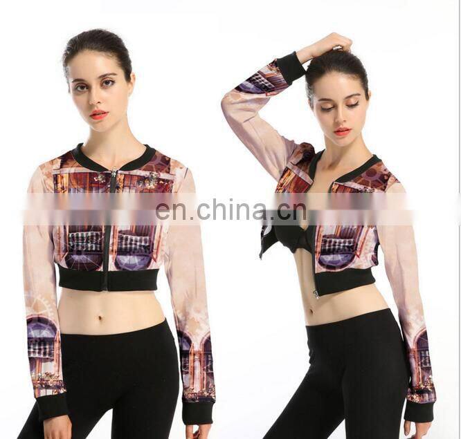 Women fashion printing pattern polyester jacket cool long slevee zipper jacket for women