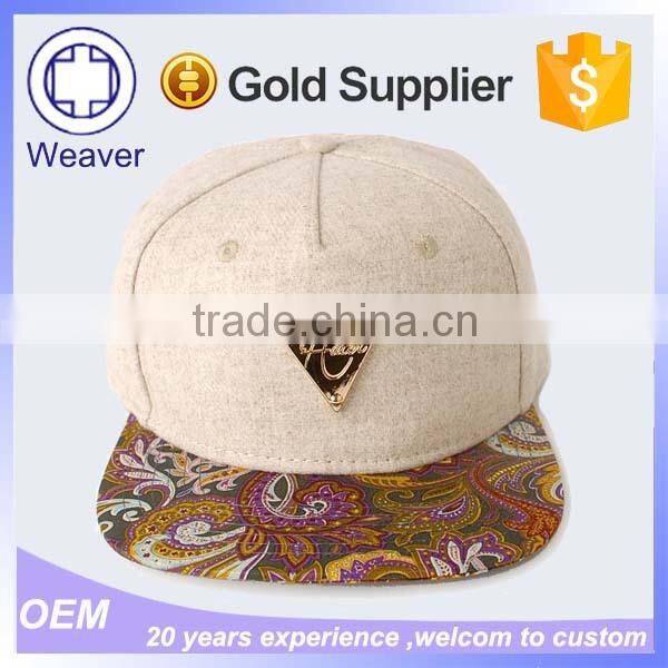 Plain 5 Panel Cap Custom Australian Snapback Cap with Paisley Print Fabric Brim