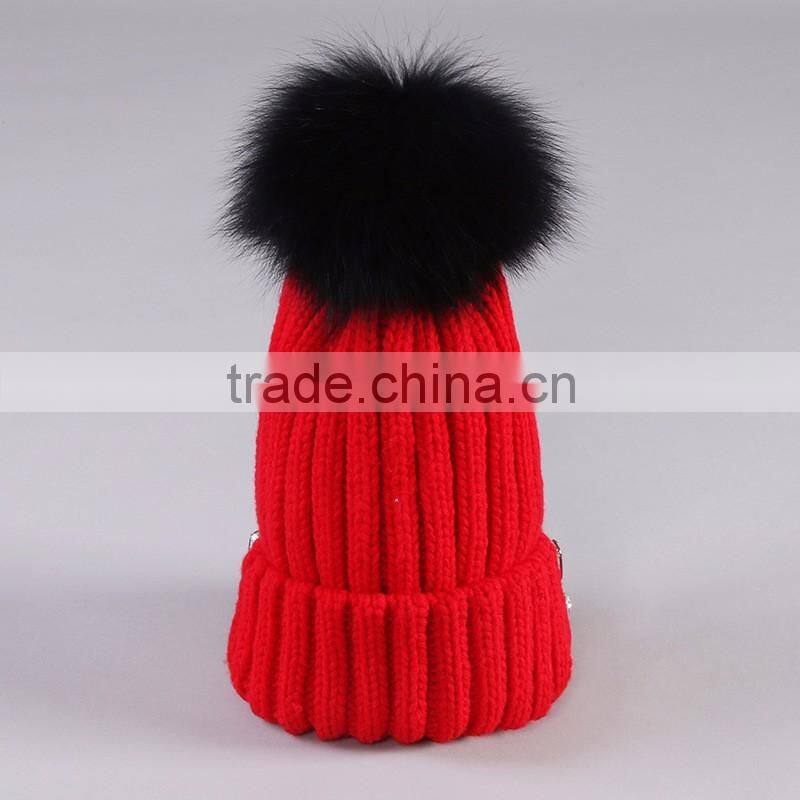 Winter Fashion Big Size Real Fox Fur Pompom Knitted Lady Wool Cap