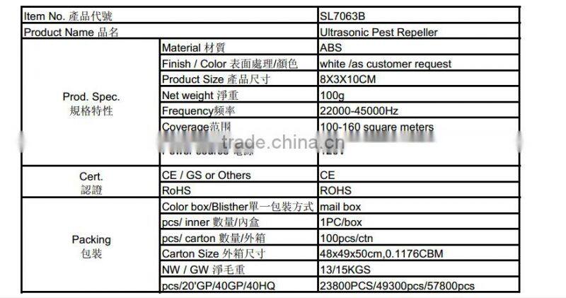 electronic ultrasonic pest mosquito repeller ,electrical pest repeller SL7063B