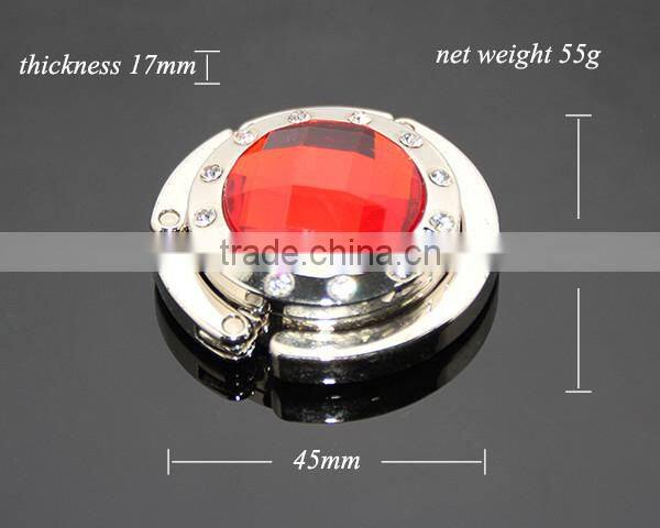 Round Red Crystal White Rhinestones Multi-function Fashion Handbag Hook Hanger Promotion Metal Foldable Mirror Bag Holder