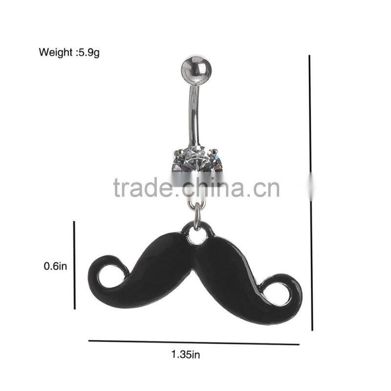 Black Plated Movember Moustache Zircon Inlay Dangle Belly Button Naval Ring.