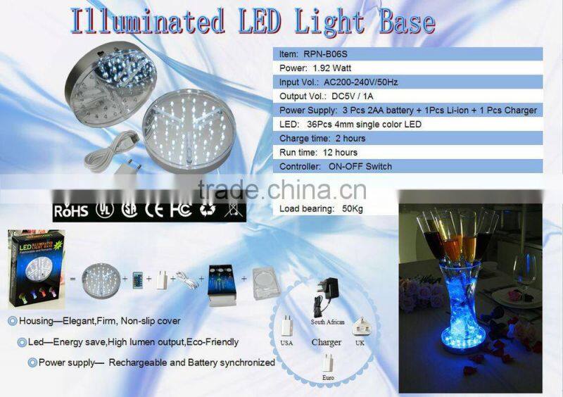 New arrival beautiful decoration wedding table centerpieces 6 inch round vase base led lights