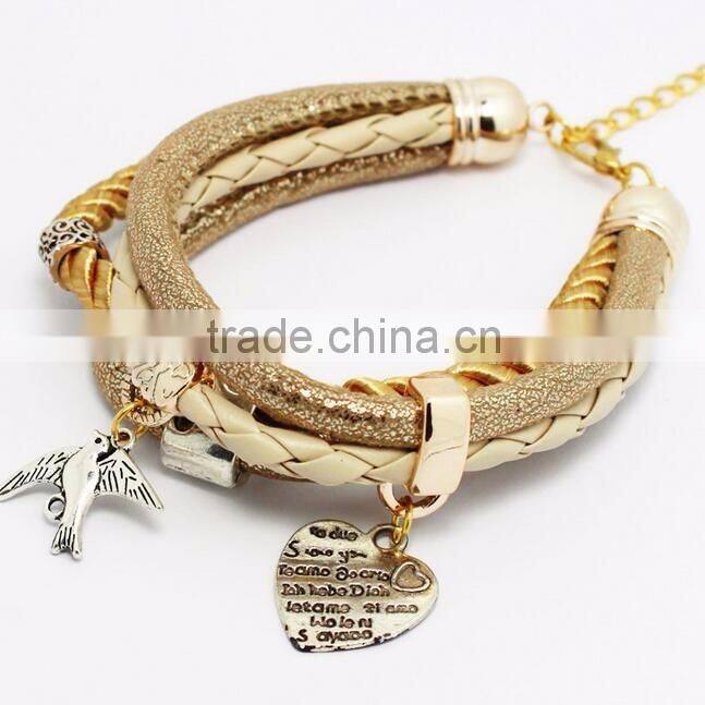 New Vintage Fashion Simple Metal Made With Love Heart Christmas Tree Charm Multilayer Leather Bracelet