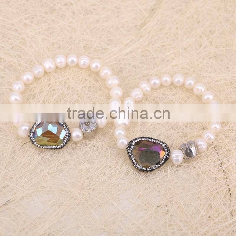 Freshwater Pearl Beads with Pave Crystal Glass Spacer Gem Bracelets, Mother Of Pearl Beaded Druzy Bracelet