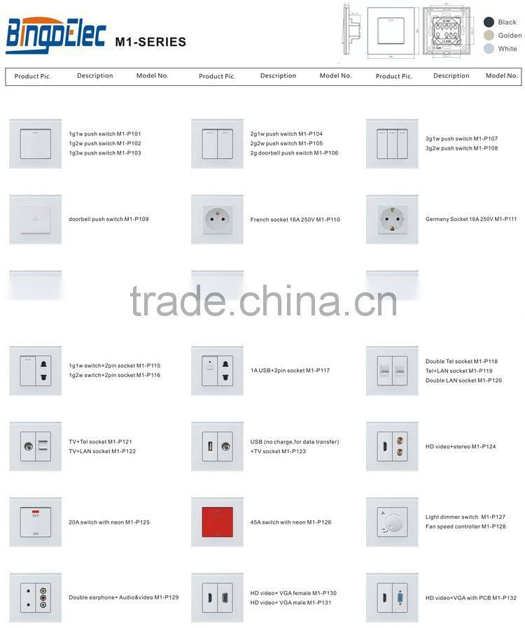 EU/UK standard Toughened glass panel push doorbell switch